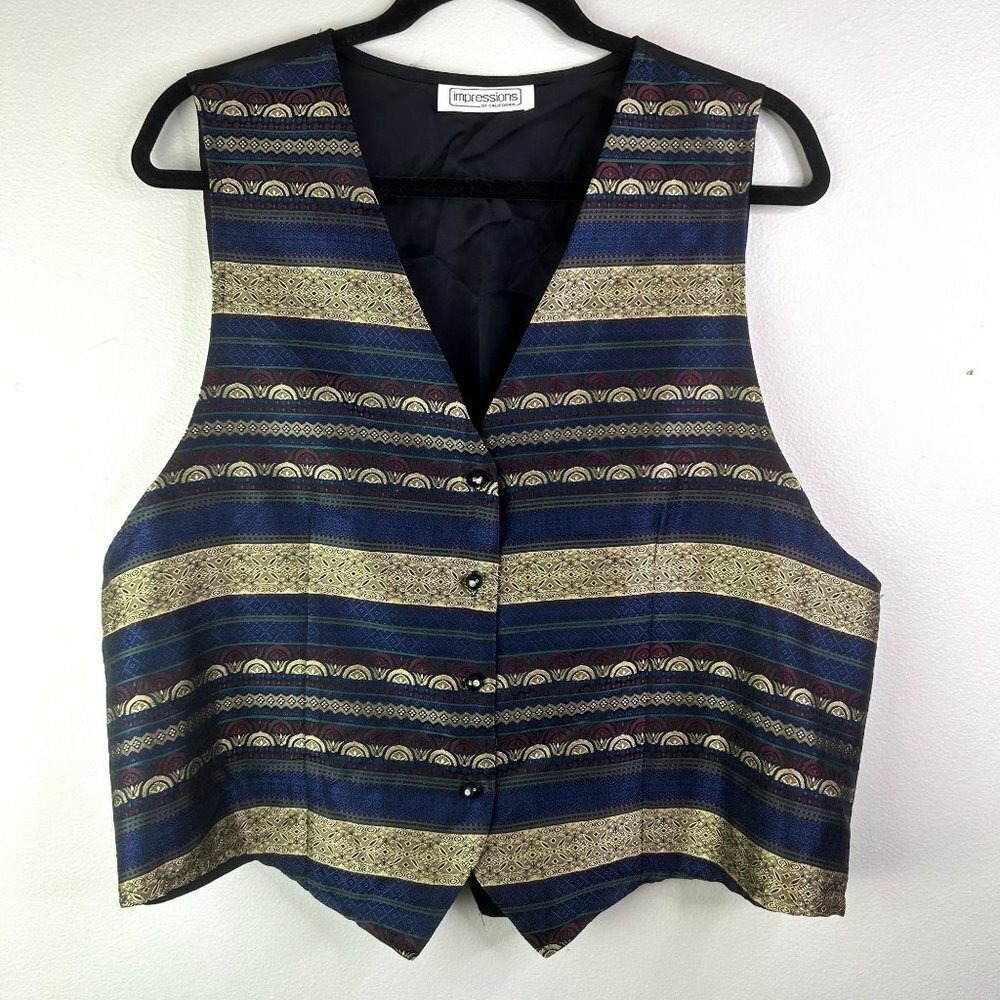 Impressions of California Vintage 90s Tapestry Striped Metallic Gold Vest XL
